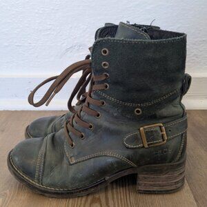 Taos Crave Teal Leather Combat Boots 37 6.5 Lace Up Buckle Moto Heeled Gorpcore